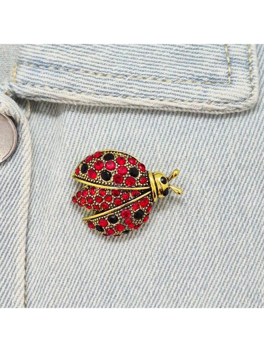Vintage Red Ladybug Brooch Pin Gold Rhinestone Beetle Crystal Insect Jewelry New - Picture 2 of 5